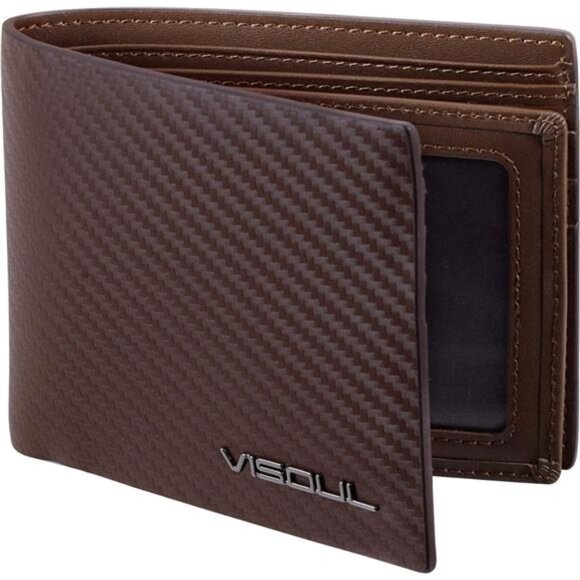 Mens Carbon Fiber Leather Bifold Wallet with 2 ID Windows, RFID Blocking